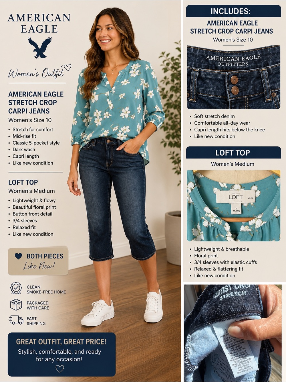 American Eagle Outfitters Teal Floral Loft Top & Dark Blue Crop Capri Jeans Set